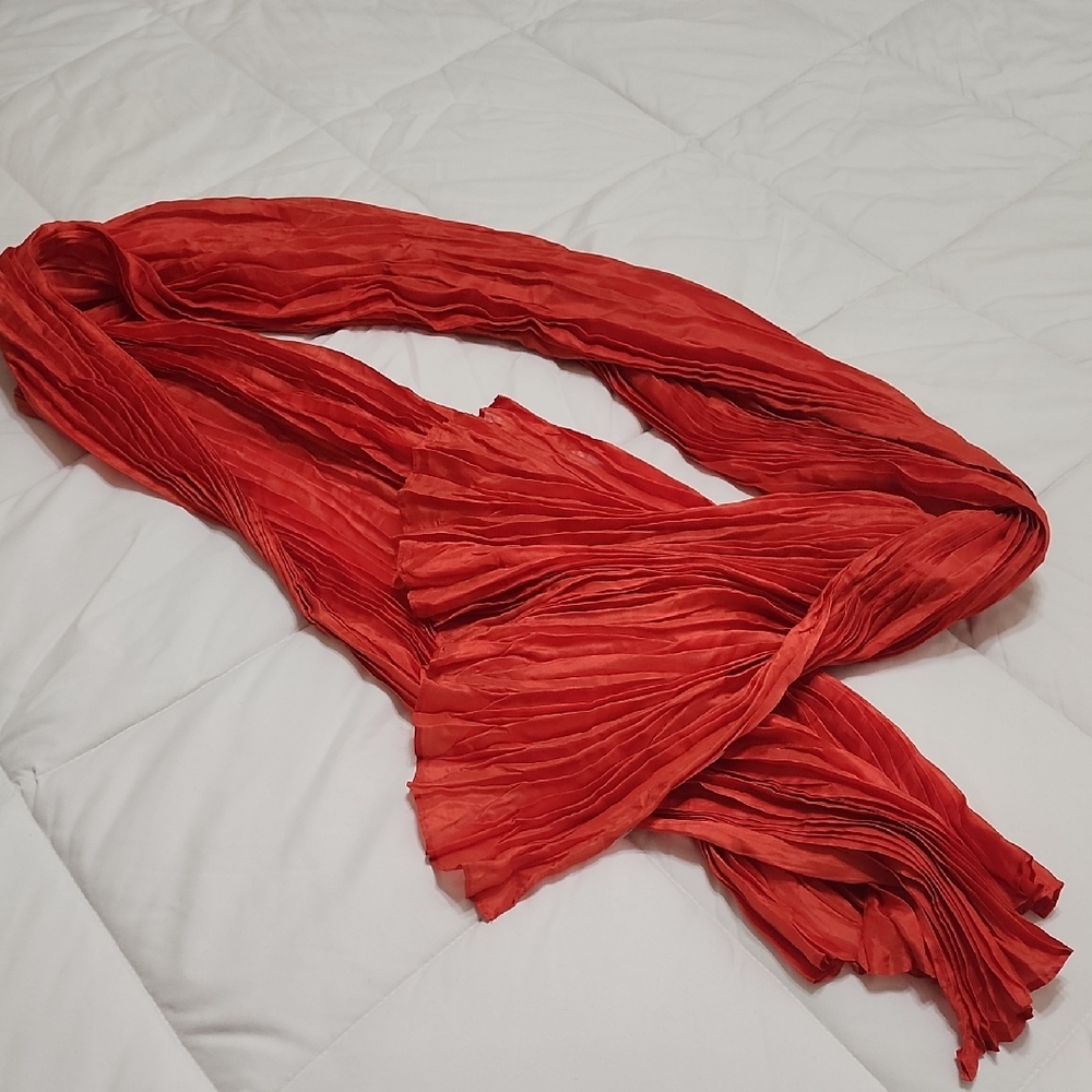 Eileen Fisher Whisper 100% Silk Flame Vibrant Red Pleated Scarf